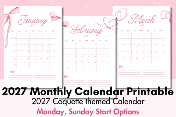 2027 Pink Coquette Calendar Printable