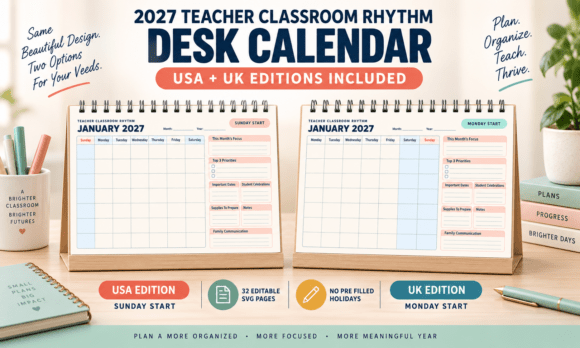 2027 Teacher Desk Editable Calendar SVG