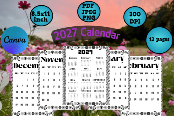 2027 Calendar Templates with Flower Frame