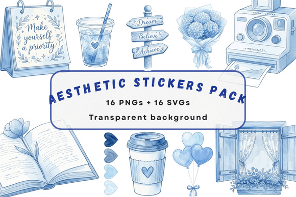 Blue Watercolor Aesthetic Sticker Pack