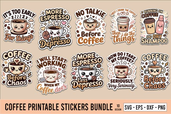 Coffee Printable Stickers Bundle (Illustrated Style)