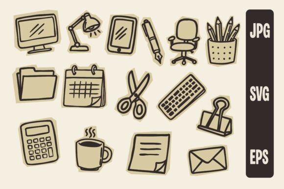 Office Scrapbook Doodle Icon Set Design