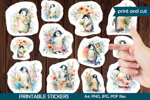 Penguins with Flowers Printable Stickers