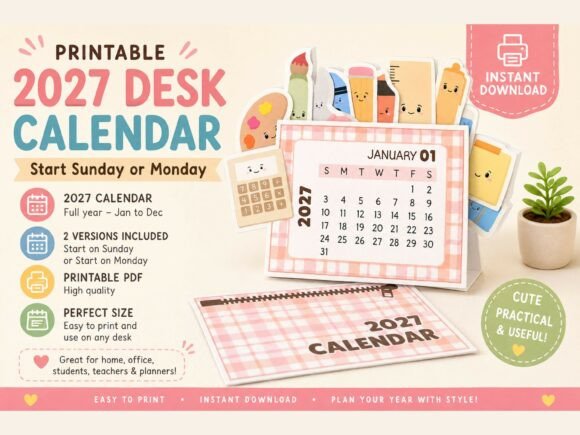 Printable Cute Stationery Calendar 2027