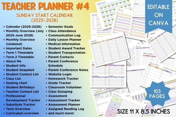 Teacher Planner 4 Sunday Start Calendar