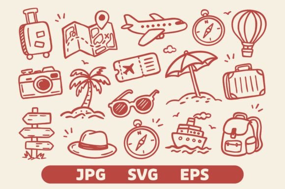 Travel Vacation Doodle Icon Set Design