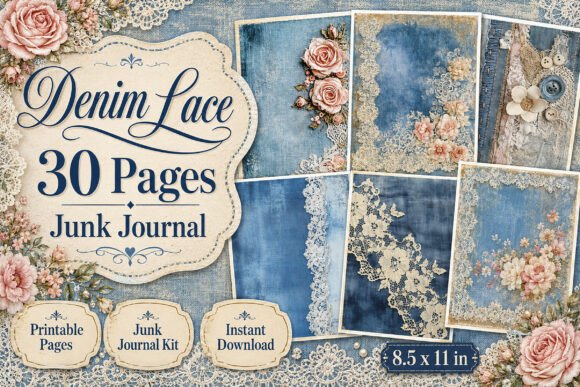 Vintage Blue Lace Junk Journal Papers