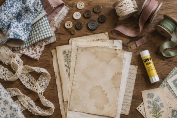Vintage scrapbook cover materials - fabric, lace, tea-stained paper, ribbon