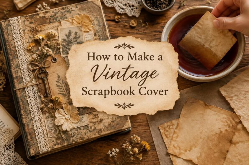 Vintage scrapbook cover with dried flowers, lace, and torn paper tags
