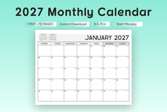 2027 Monthly Planner Landscape (Monday Start)