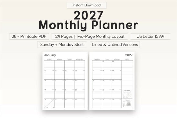 2027 Monthly Planner Printable PDF