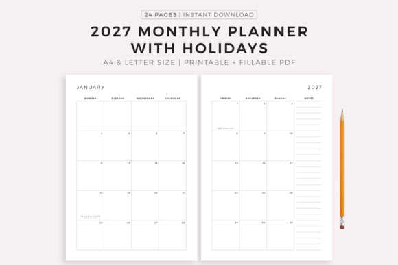 2027 Monthly Planner with Holidays