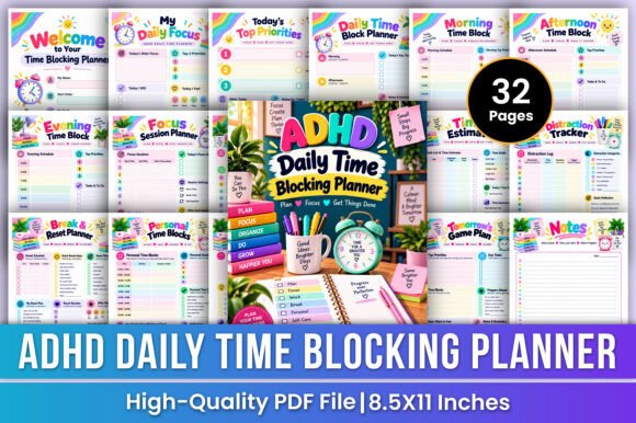ADHD Daily Time Blocking Planner Focus