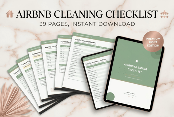 Airbnb cleaning checklist planner in a sage and gold design
