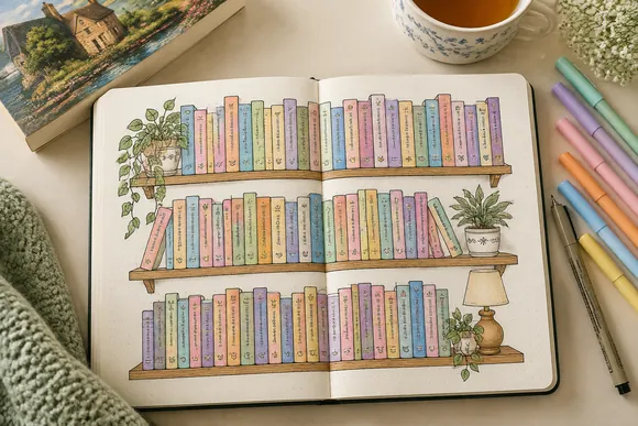 Bookshelf reading tracker spread with colored book spines in a dotted notebook