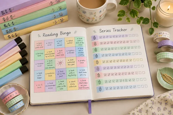 Reading bingo grid and book series tracker with checked boxes in a notebook