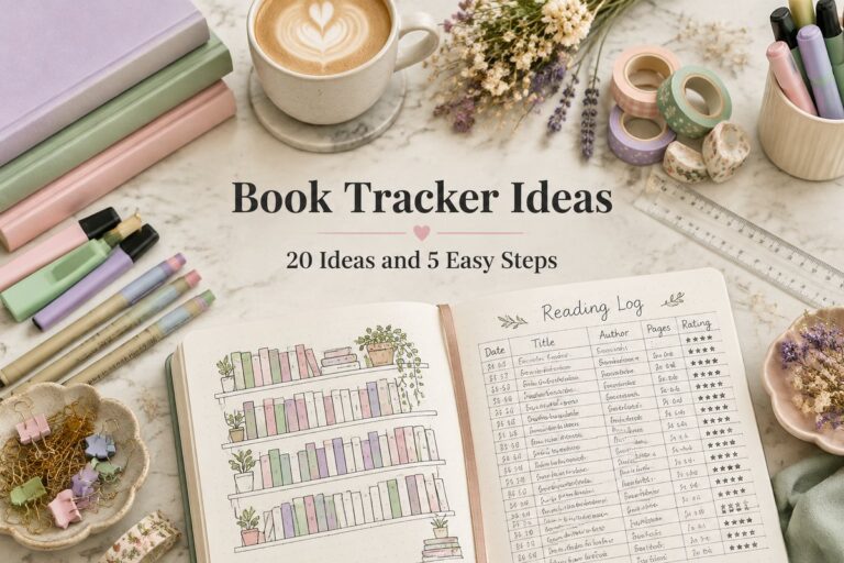 Bookshelf tracker spread with pastel book spines and a reading log on a cream marble desk