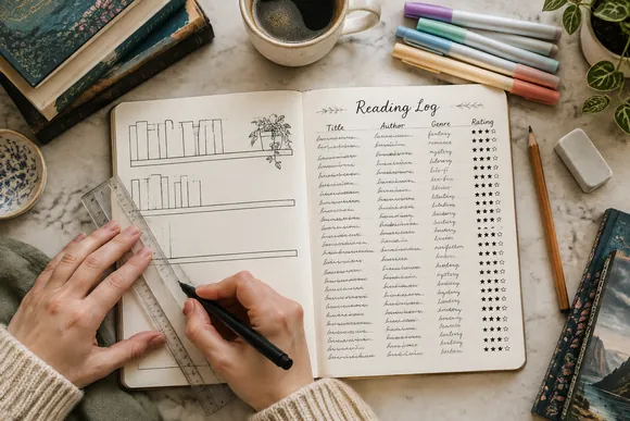 Hands drawing a bookshelf reading tracker with a ruler in a bullet journal
