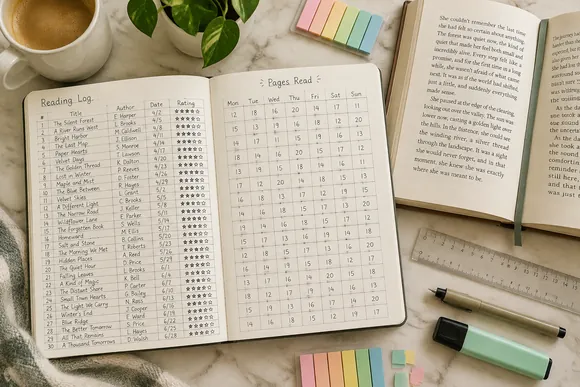 Reading log page and pages-read tracker in an open notebook next to a novel