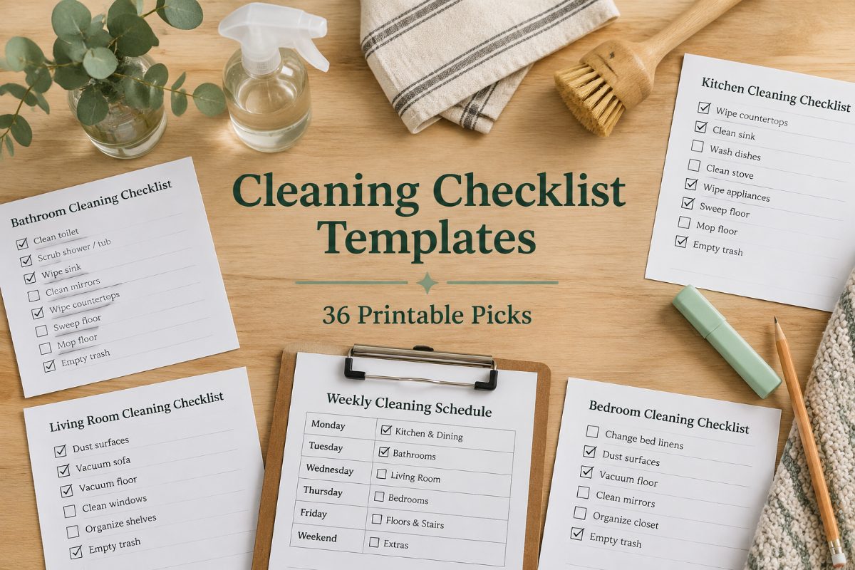 Printed cleaning checklist pages and a weekly cleaning schedule on a kitchen counter