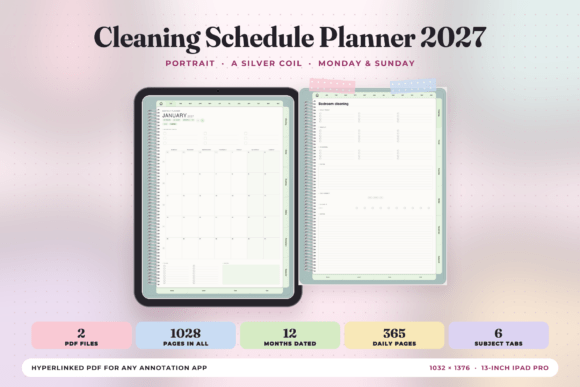 Cleaning Schedule Planner 2027 digital planner with tabbed sections
