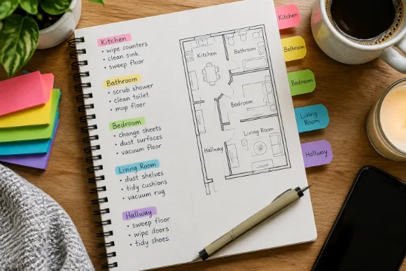 Notebook page listing rooms of the home for a cleaning checklist