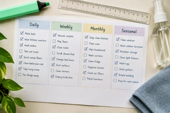 Cleaning checklist sorted into daily, weekly, monthly, and seasonal tasks