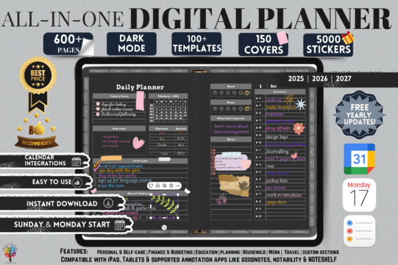 Dark Mode All-in-One Digital Planner, Landscape