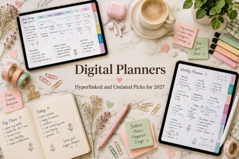 Digital planners on tablets with colorful hyperlinked pages on a cream marble desk
