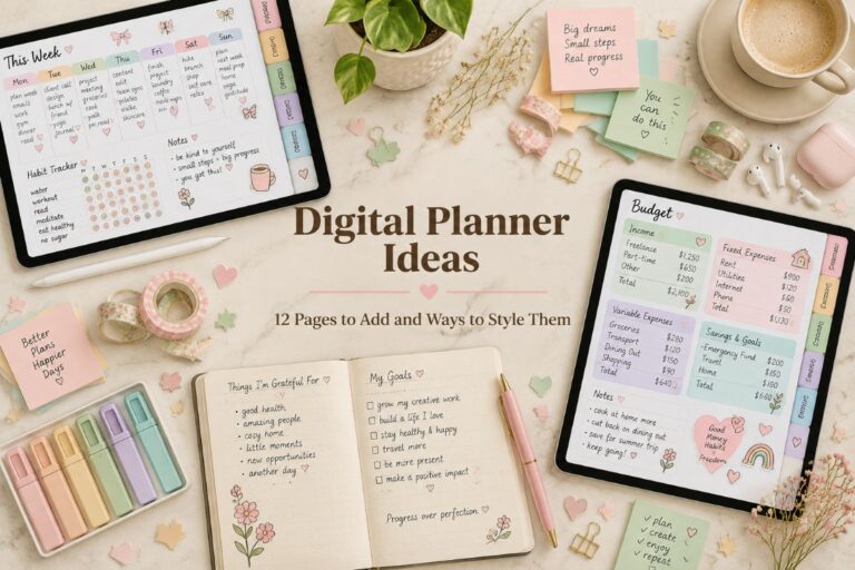 Digital planner ideas with page layouts and stickers on a tablet on a cream marble desk