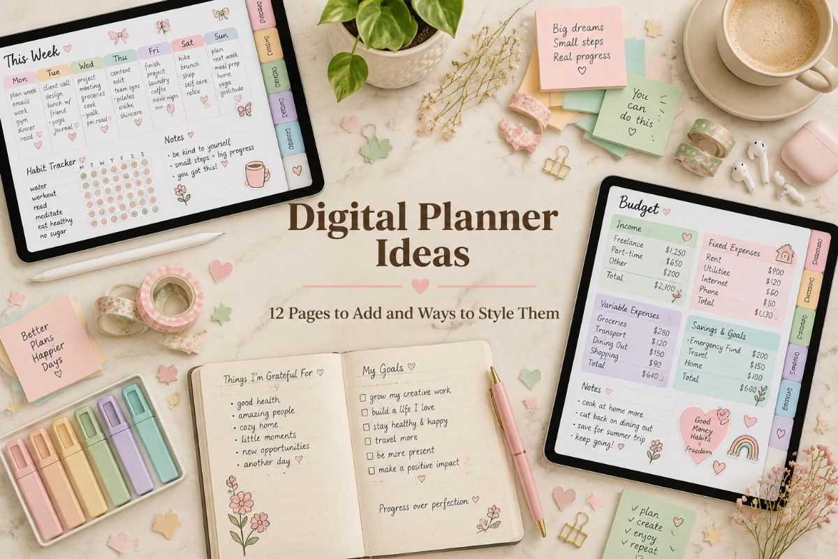 Digital planner ideas with page layouts and stickers on a tablet on a cream marble desk