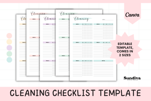 Editable monthly cleaning checklist with weekly sections and daily trackers