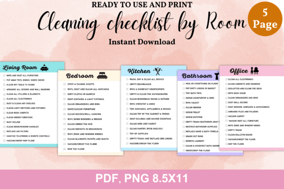 Editable room-by-room cleaning checklist with a page for each room