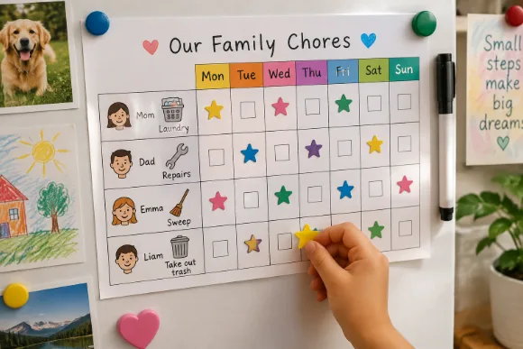 Family chore chart on a fridge door with star stickers