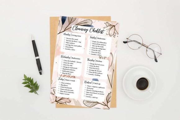 Floral cleaning checklist with a list for each room and the week