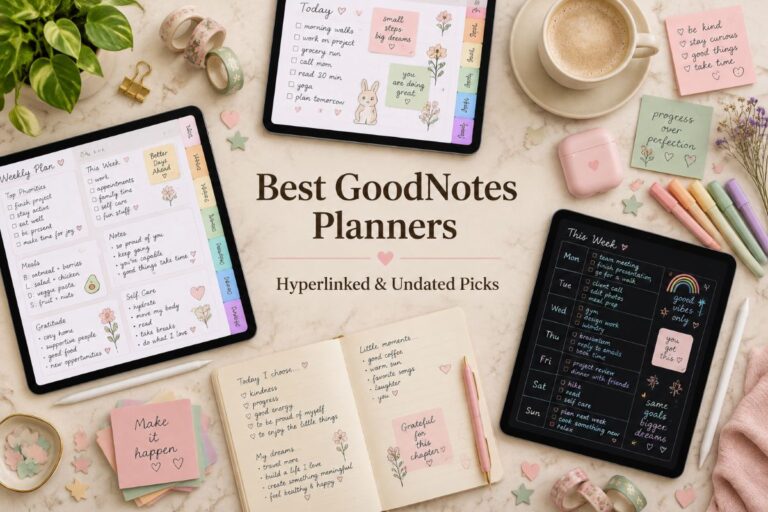Best GoodNotes planners with hyperlinked tabs and stickers on a tablet on a cream marble desk