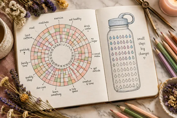 Circular habit tracker with colored segments on a journal page