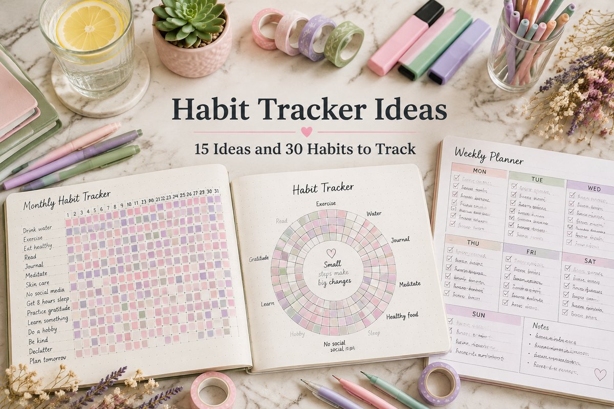 Monthly and circular habit tracker spreads with pastel boxes on a cream marble desk