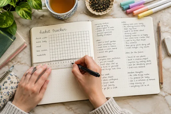 Hands drawing a habit tracker grid with a ruler in a bullet journal