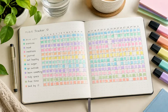 Monthly habit tracker grid with colored boxes in an open dotted notebook