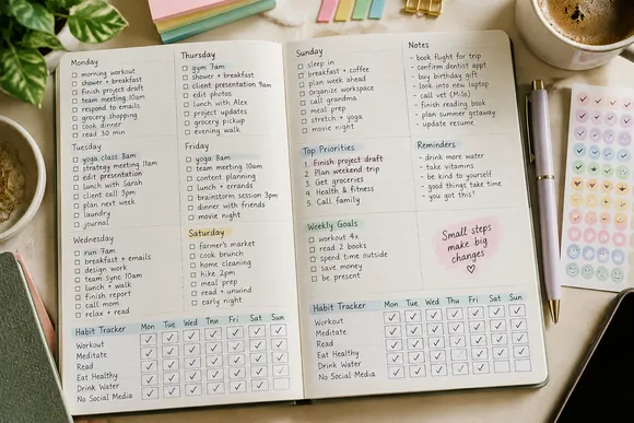 Weekly habit tracker page in a planner with checked boxes and a pen