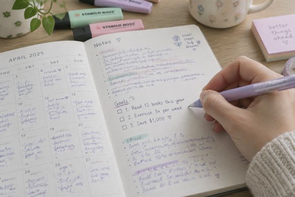 Hand writing three monthly goals on the notes page of a planner