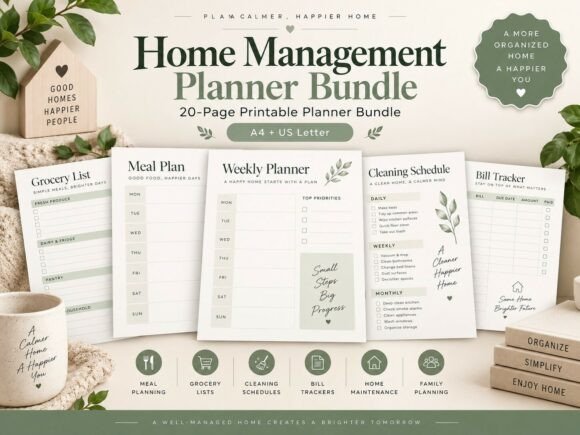 Home management planner bundle with cleaning, meals, and bills pages