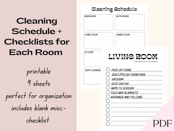 House cleaning checklist with an overview page and nine room pages