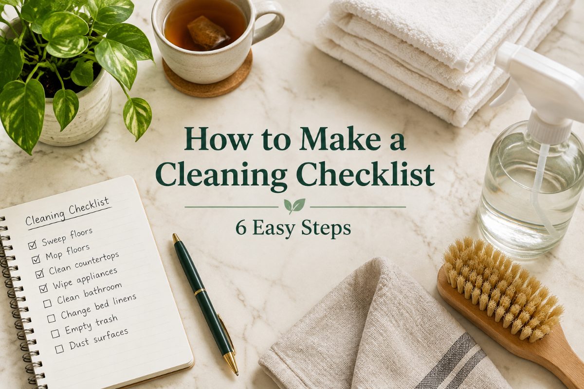 Hand-written cleaning checklist with cleaning supplies on a cream marble surface