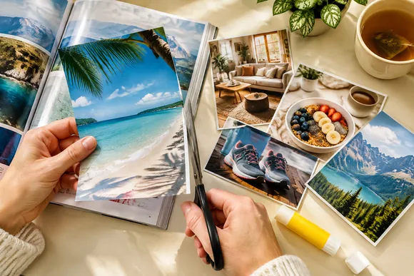 Hands cutting pictures out of magazines for a vision board