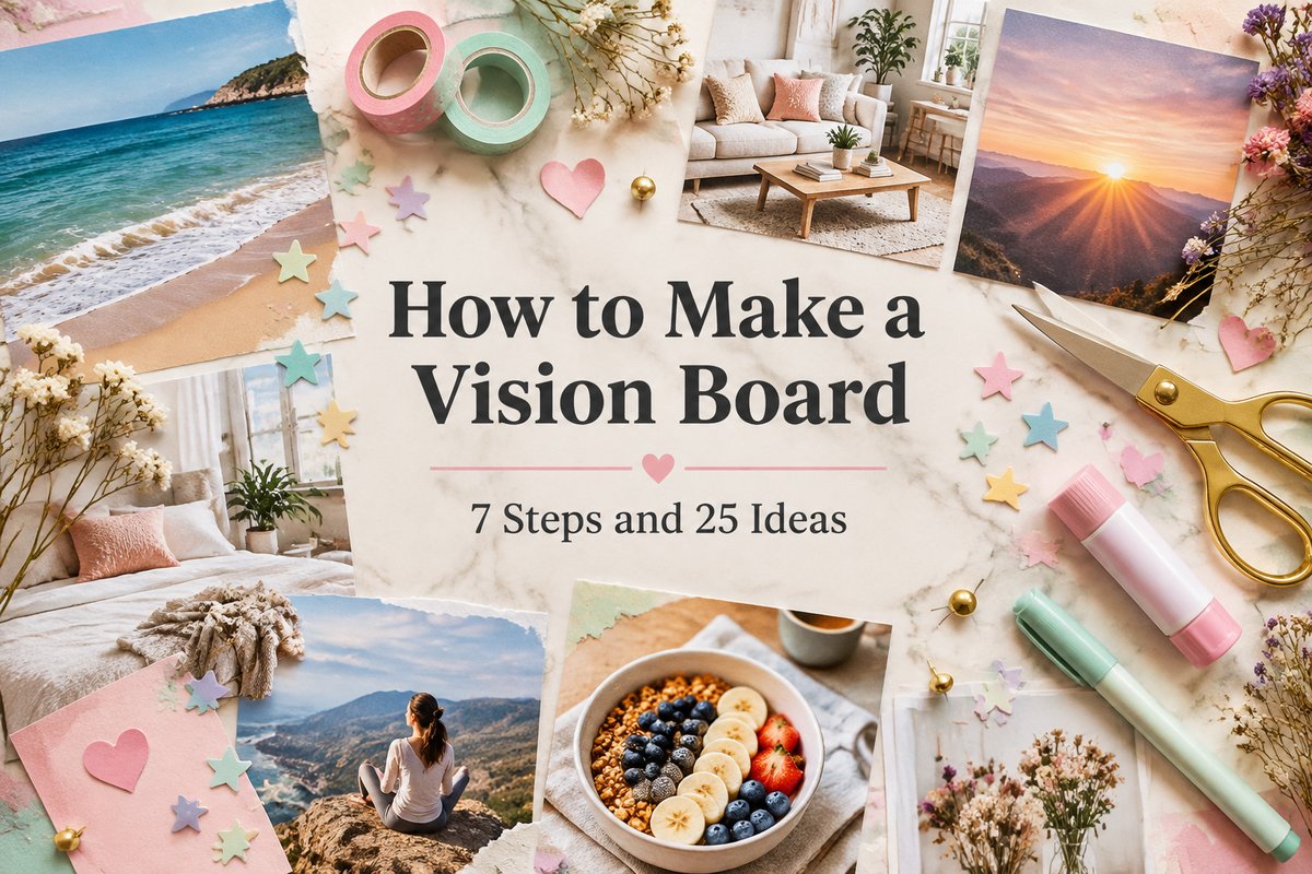 Vision board cut-out photos, scissors and stickers around the title on a cream marble desk