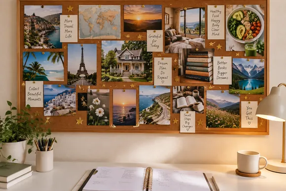 Finished vision board with photos and affirmations on a wall above a desk