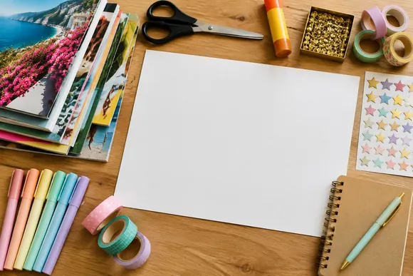 Vision board supplies with magazines, scissors, glue, and a poster board