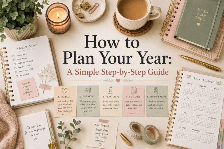 How to plan your year: open planner with handwritten notes, a pen and a cup of coffee on a desk